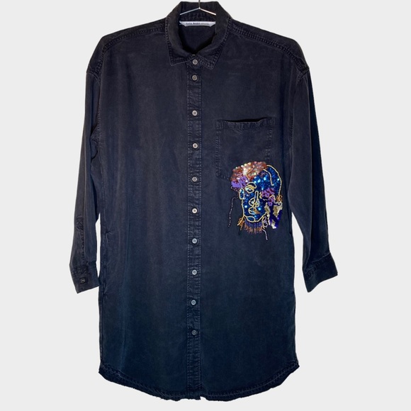 Zara Basic Denim Z1975 Embroidered Dress Sequin XS ButtonDown Collared Oversized - Picture 16 of 16